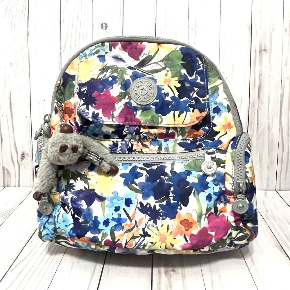 Kipling Seoul Small Backpack w/Monkey Nathan Zipper Charm Watercolor Print
